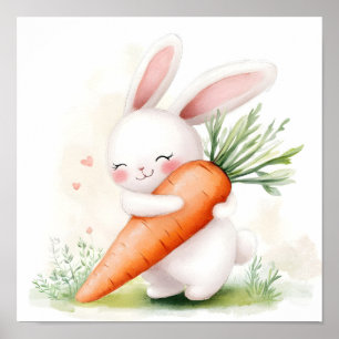 Cute Watercolor Spring Bunny Carrot Poster