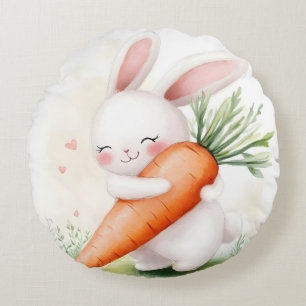 Cute Watercolor Spring Bunny Carrot Round Pillow