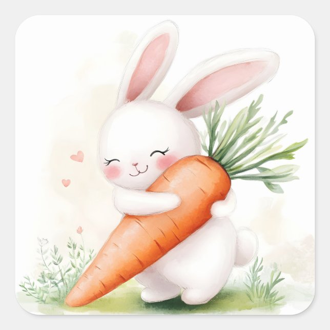 Cute Watercolor Spring Bunny Carrot Square Sticker (Front)