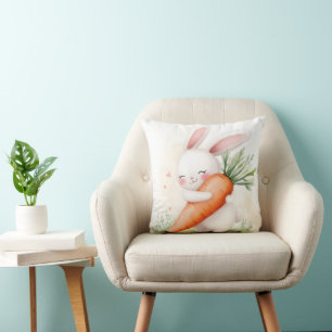 Cute Watercolor Spring Bunny Carrot Throw Pillow
