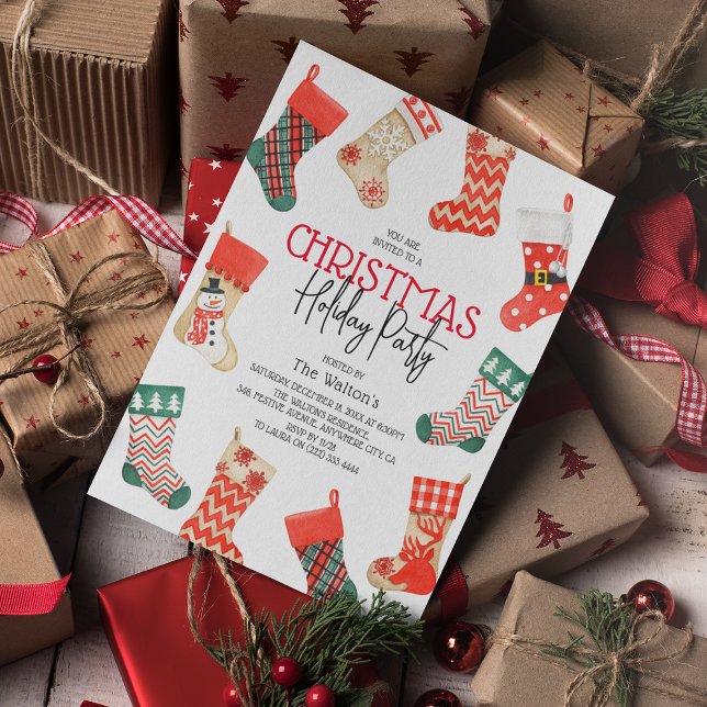 Cute Watercolor Stocking Christmas Holiday Party Invitation (Stocking Modern Christmas Holiday Party)