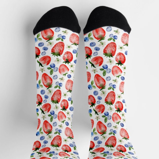 Cute Watercolor Strawberry and Blueberry Pattern Socks (Top)