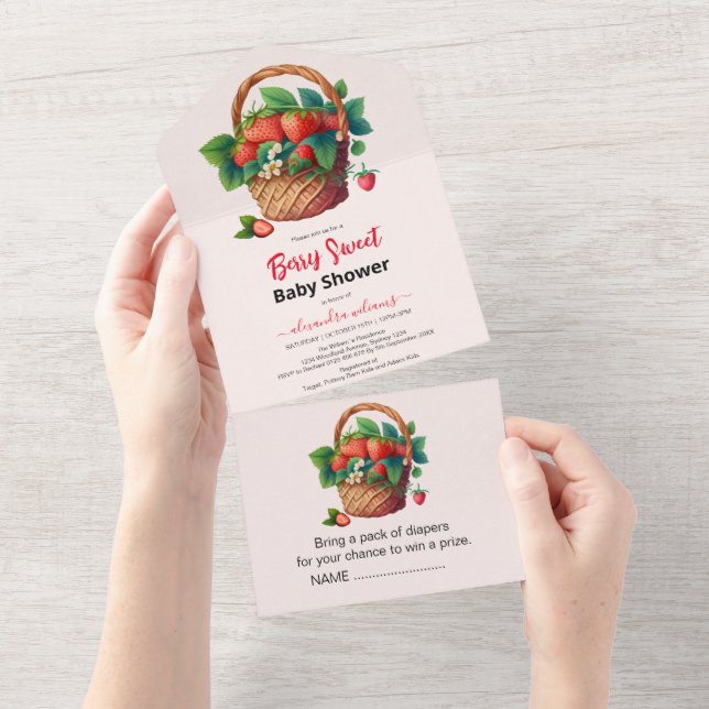 Cute watercolor strawberry baby shower all in one invitation (Tearaway)