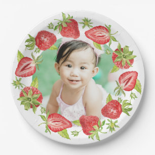 Cute Watercolor Strawberry Berry First Birthday Paper Plate