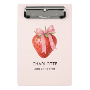 Cute Watercolor Strawberry Bow Coquette Monogram Mini Clipboard