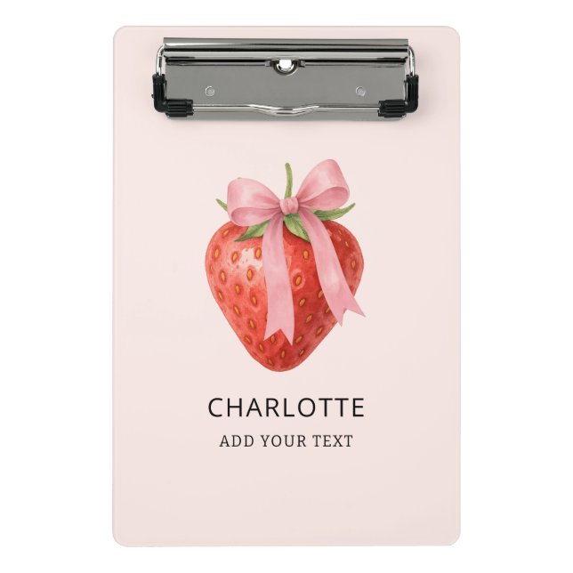 Cute Watercolor Strawberry Bow Coquette Monogram Mini Clipboard (Front)