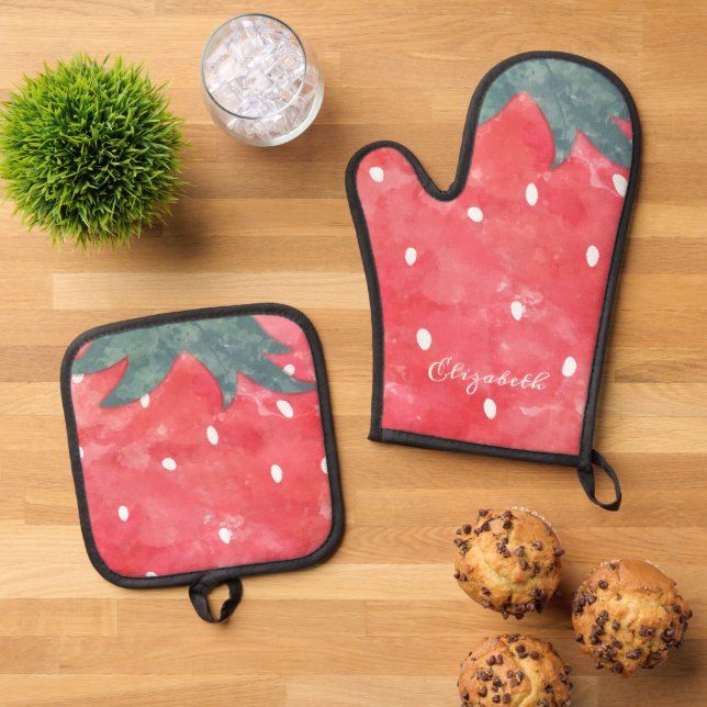 Cute Watercolor Strawberry   Oven Mitt & Pot Holder Set (Top Down)