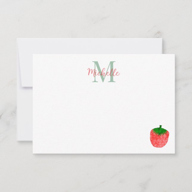 Cute Watercolor Strawberry Personalized Monogram Card (Front)