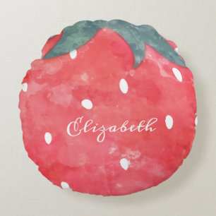 Cute Watercolor Strawberry  Round Pillow