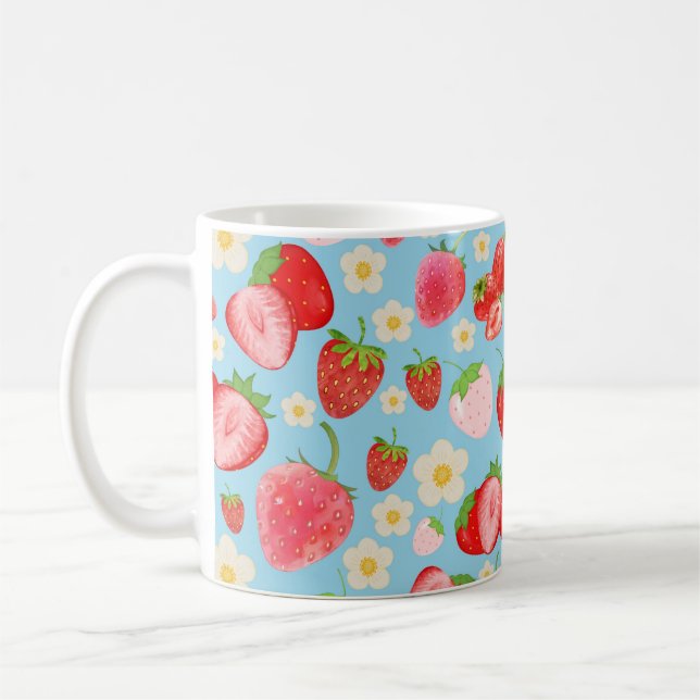 Cute Watercolor Strawberry Seamless Pattern Coffee Mug (Left)