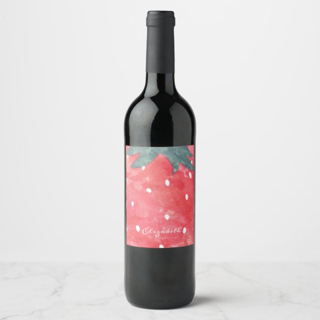 Cute Watercolor Strawberry  Wine Label (Front)