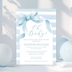 Cute Watercolor Striped Bow Ribbon Baby Boy Shower Invitation