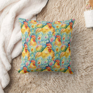 Cute Watercolor Style Chickens Throw Pillow