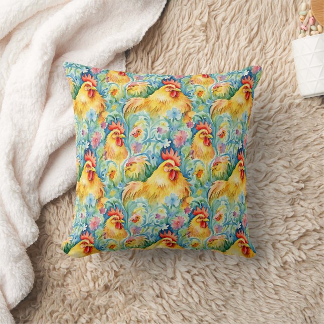 Cute Watercolor Style Chickens Throw Pillow (Blanket)