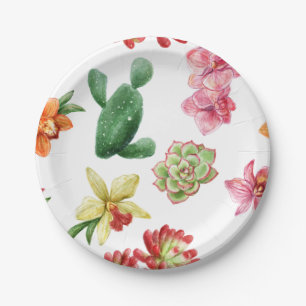 Cute Watercolor Succulent hand drawn pattern Paper Plate