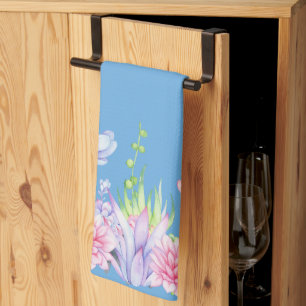Cute Watercolor Succulents on Blue Background Kitchen Towel
