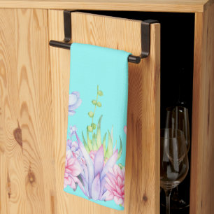 Cute Watercolor Succulents on Teal Background Kitchen Towel