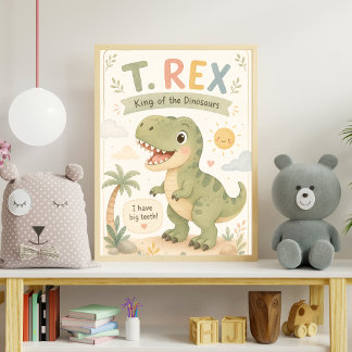 Cute Watercolor T. Rex Dinosaur Nursery Poster