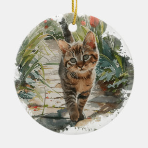 CUTE WATERCOLOR TABBY KITTEN ON SPRING PATH CERAMIC ORNAMENT