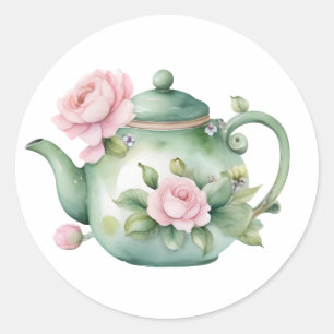 Cute Watercolor Teapot with Pink Peonies Classic Classic Round Sticker
