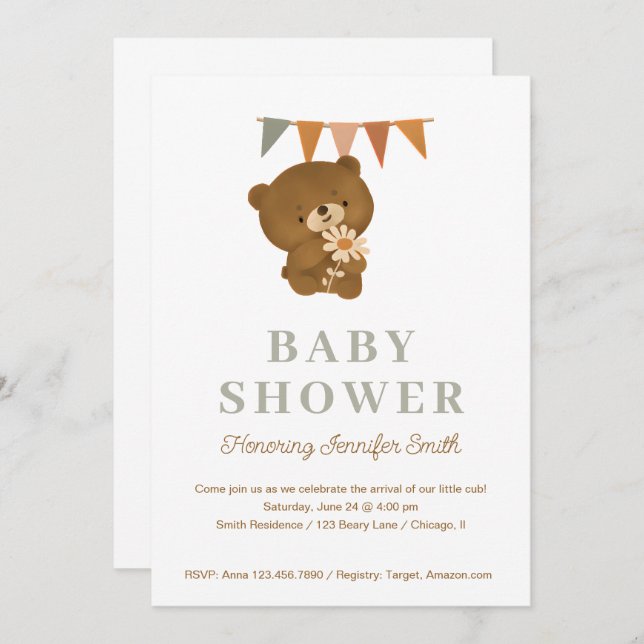 Cute watercolor teddy bear Baby Shower Invitation (Front/Back)
