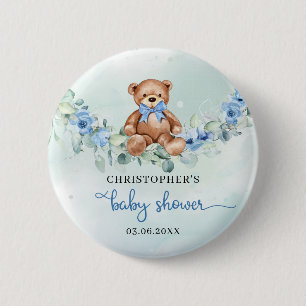 Cute watercolor teddy bear blue flowers eucalyptus 2 inch round button