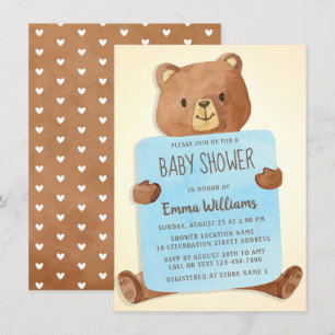 Cute Watercolor Teddy Bear Boy Baby Shower Invitation