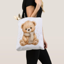 Cute Watercolor Teddy Bear Canvas Tote Bag