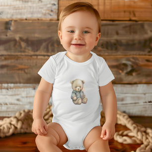 Cute Watercolor Teddy Bear Custom Name Gift Baby Bodysuit