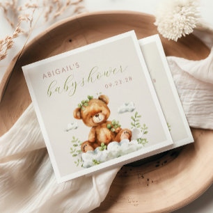 Cute Watercolor Teddy Bear Greenery Baby Shower Napkin