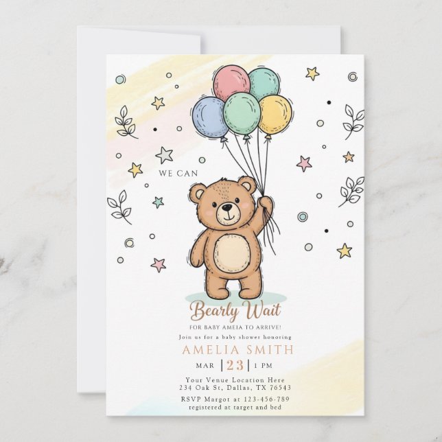Cute Watercolor Teddy bear Illustration babyshower Invitation (Front)