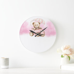 Cute Watercolor Teddy Bear in Pink Car Birthday Large Clock