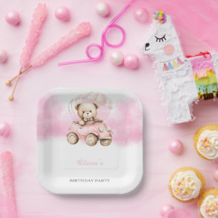 Cute Watercolor Teddy Bear in Pink Car Birthday Paper Plate