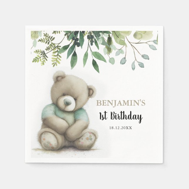 Cute Watercolor Teddy Bear Leaves Any Age Birthday Napkin (Front)