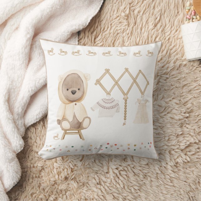 Cute Watercolor Teddy Bear Nursery Decor Throw Pillow (Blanket)