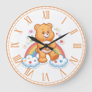 Cute Watercolor Teddy Bear Rainbow Clouds Nursery  Large Clock