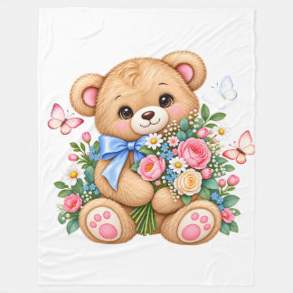 Cute Watercolor Teddy Bear with Flowers Clipart |  Fleece Blanket
