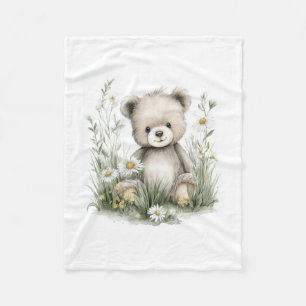 Cute Watercolor Teddy Bear with Wildflowers Fleece Blanket