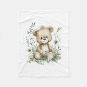 Cute Watercolor Teddy Bear with Wildflowers Fleece Blanket