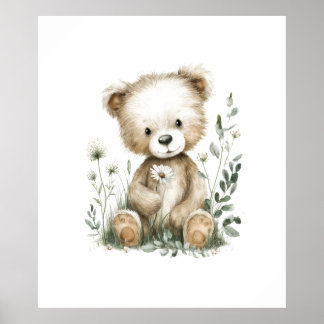 Cute Watercolor Teddy Bear with Wildflowers Poster
