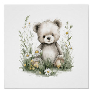 Cute Watercolor Teddy Bear with Wildflowers Poster