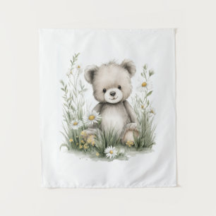 Cute Watercolor Teddy Bear with Wildflowers Tapestry