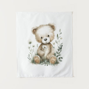 Cute Watercolor Teddy Bear with Wildflowers Tapestry