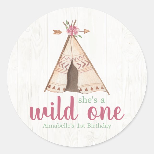 Cute Watercolor Teepee Boho 1st Birthday Classic Round Sticker (Front)