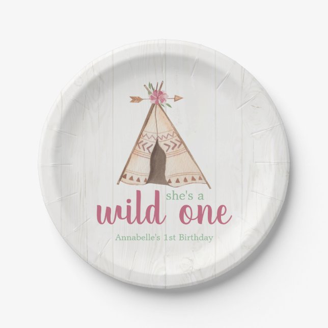 Cute Watercolor Teepee Boho 1st Birthday Paper Plate (Front)