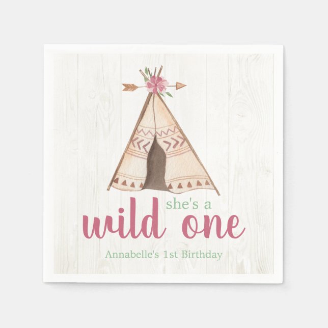 Cute Watercolor Teepee Wild One 1st Birthday Napkin (Front)