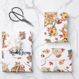 Cute Watercolor Thanksgiving Pattern Three Pack Wrapping Paper Sheet