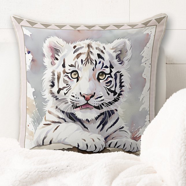Cute Watercolor Tiger Cub Animal Art Throw Pillow (Cute pillow showing a watercolor painting of a tiger cub. Great for a nursery or a toddler's bedroom)
