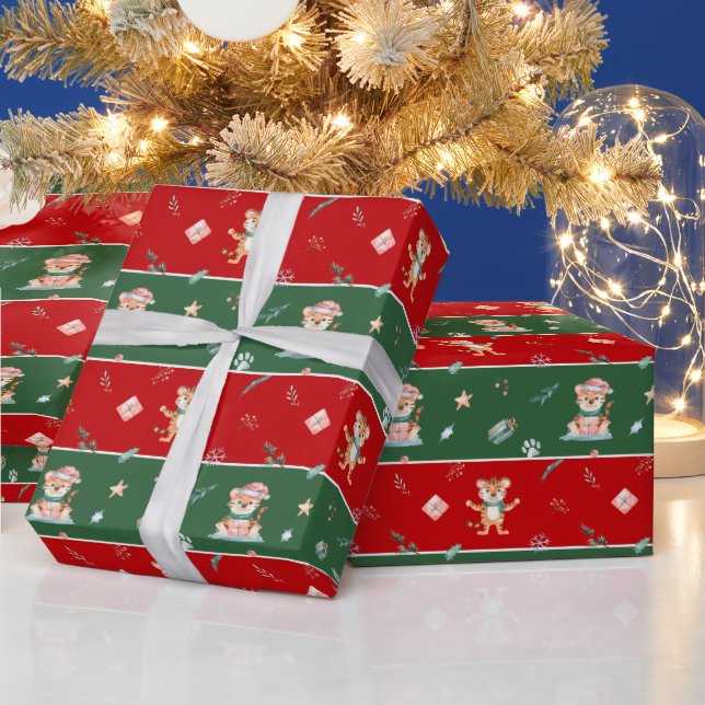 Cute Watercolor Tiger in Santa Hat Christmas Wrapping Paper (Holidays)