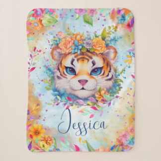 Cute Watercolor Tiger with flowers  Sherpa Blanket